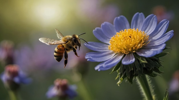 Illustrate the mutualism between a bee and a blooming flower