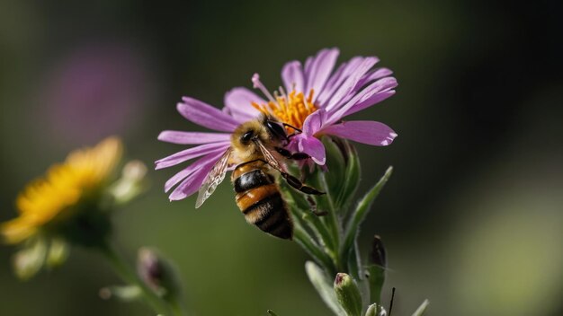 Illustrate the mutualism between a bee and a blooming flower