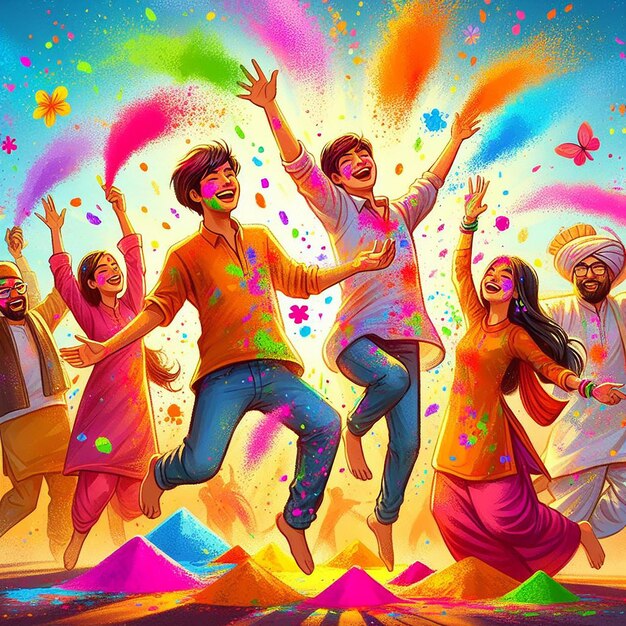 Illustrate people joyfully throwing colorful powder gulal in the air and at each other capturing