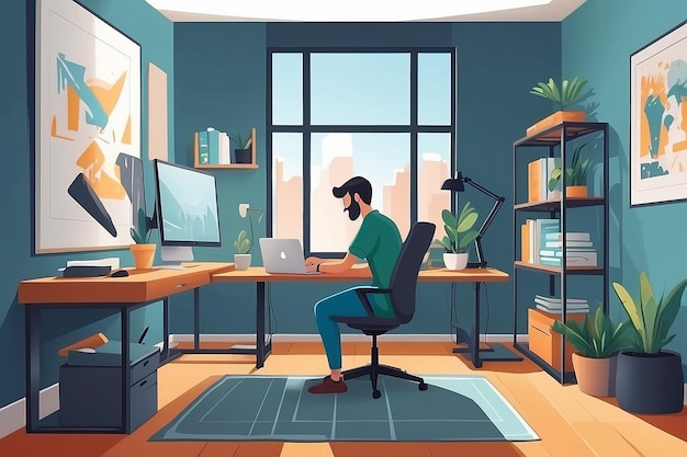 Illustrate a person adjusting their home office setup for comfort