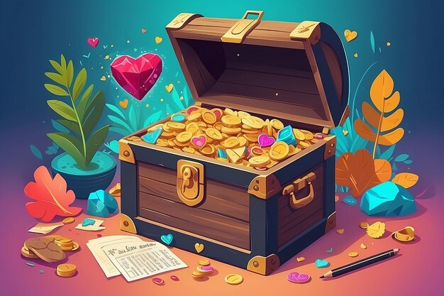 Illustrate a person crafting a selflove treasure chest with positive memories