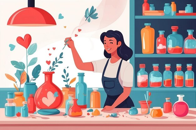 Photo illustrate a person creating a selflove potion with positive ingredients