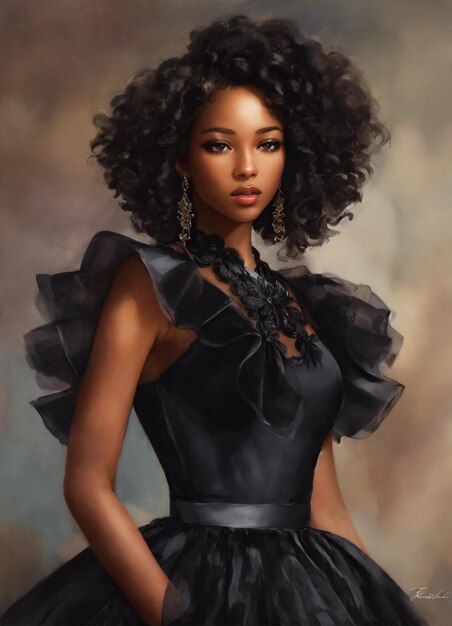 Illustrate a pretty young africanamerican fashion model with silken black curls