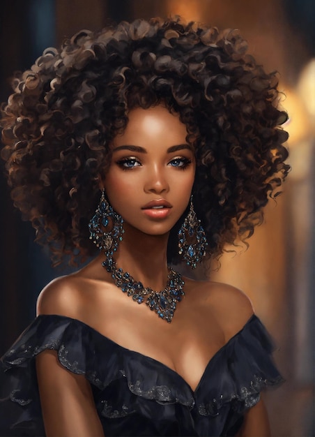 Illustrate a pretty young africanamerican fashion model with silken black curls