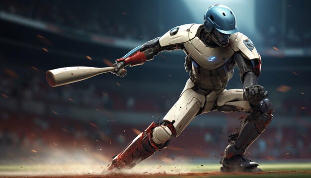 Photo illustrate a robotic baseball player with advanced technology showcasing a high tech baseball bat