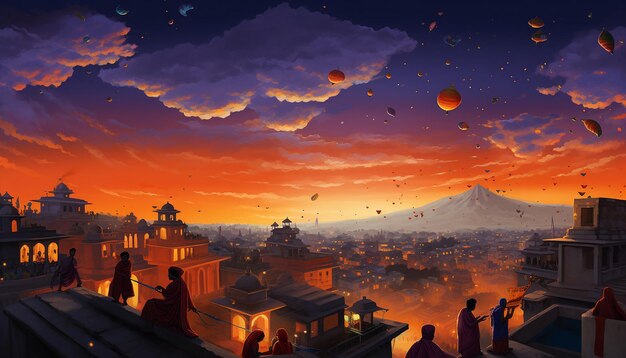 Illustrate a rooftop scene in north india on lohri night