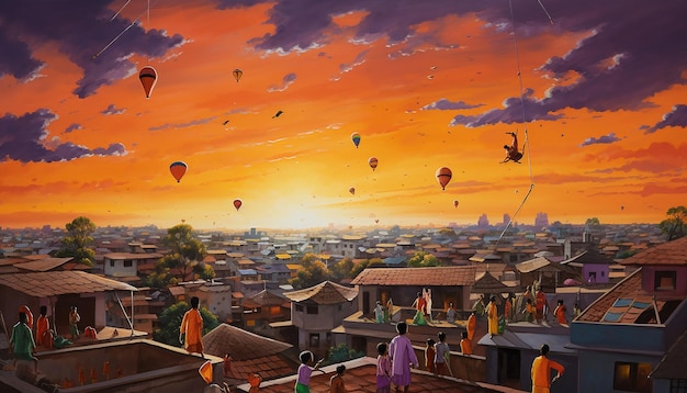 Illustrate a rooftop scene in North India on Lohri night