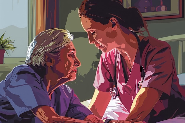 Illustrate the scene of the nurse comforting a wor generative ai