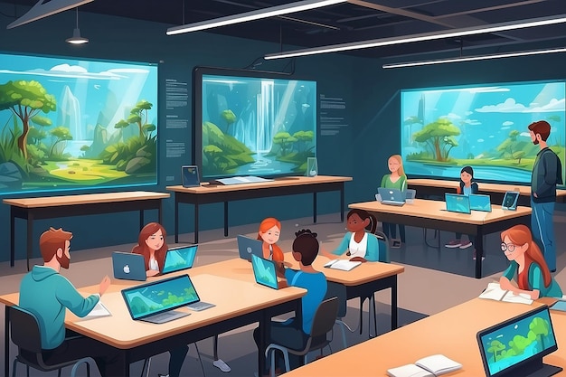 Illustrate a scene of students using holographic displays to simulate environmental conservation efforts vector illustration in flat style