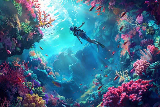 Illustrate the scene of the underwater explorer fl generative ai