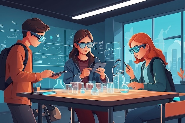 Illustrate a scene with students using AR glasses for realtime information during experiments vector illustration in flat style