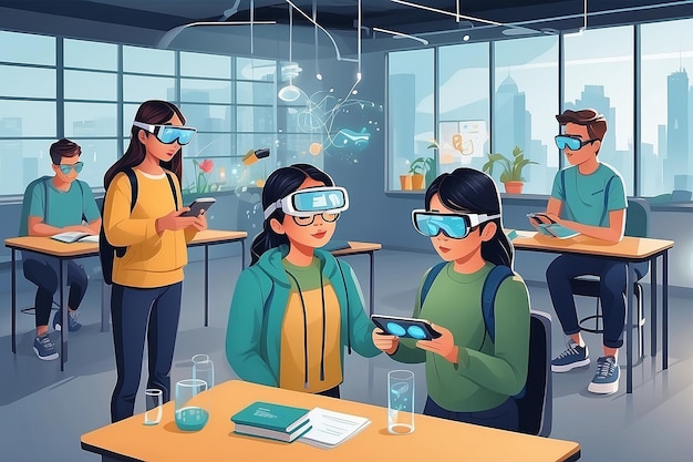 Иллюстрируйте сцену с учащимися, использующими очки AR для получения информации в режиме реального времени во время экспериментов векторная иллюстрация в плоском стиле