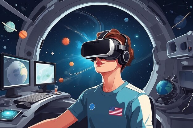 Illustrate a scene with students using VR simulations to study the effects of space travel on the human body vector illustration in flat style