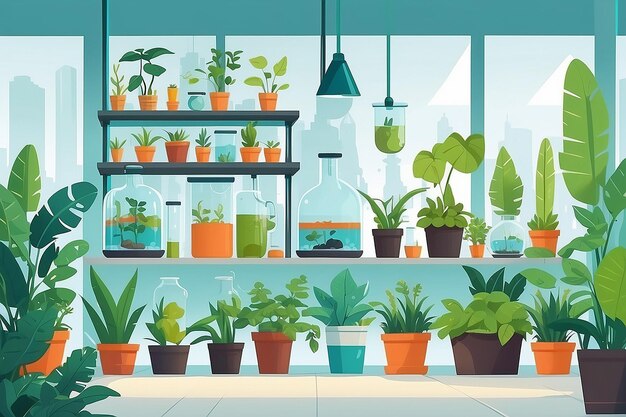 Photo illustrate a section of the lab dedicated to environmental studies featuring plants and ecological models vector illustration in flat styleexperiments