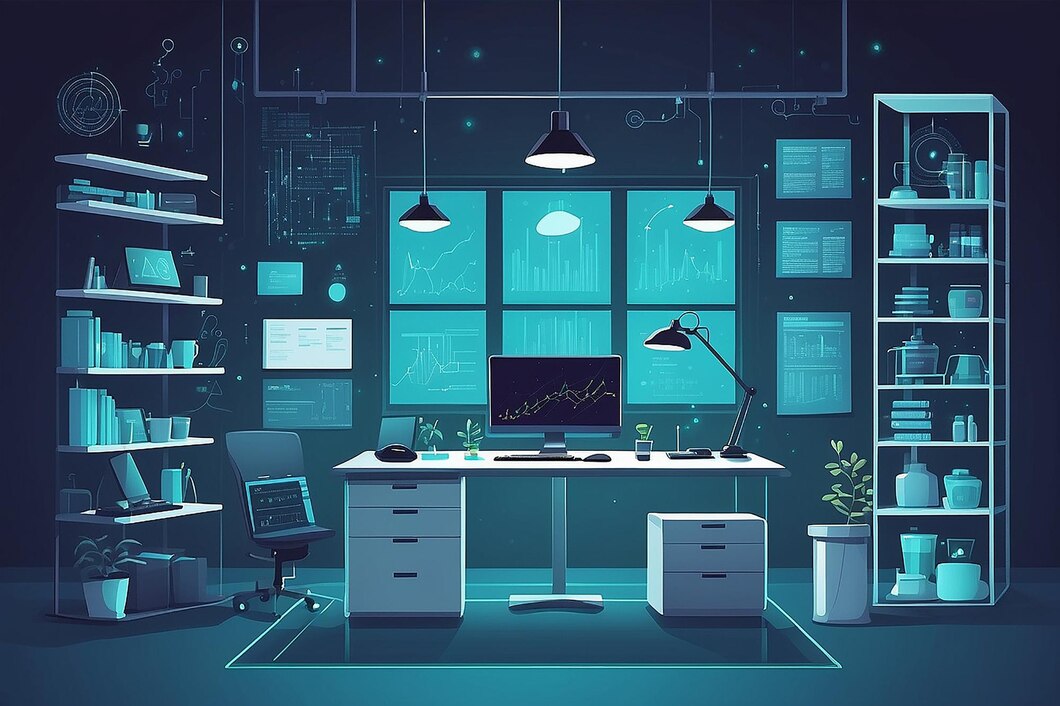Illustrate a section of the lab with a dedicated space for coding and ...