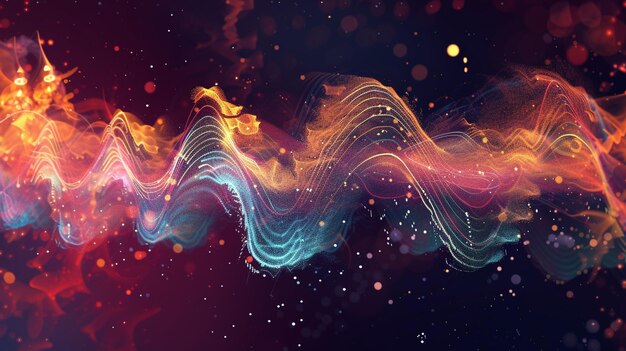 Illustrate a sound wave traveling through space with its echoes transforming into vibrant visual representations of creativity