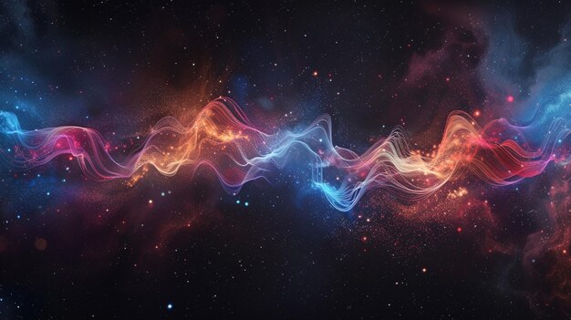 Illustrate a sound wave traveling through space with its echoes transforming into vibrant visual representations of creativity