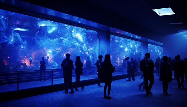 Illustrate a subway station on blue monday transformed by blue mood lighting and live soothing musi