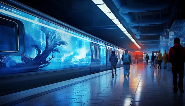 Illustrate a subway station on blue monday transformed by blue mood lighting and live soothing musi