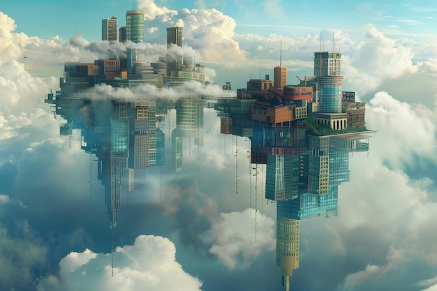 Illustrate a surreal skyline with upsidedown build generative ai