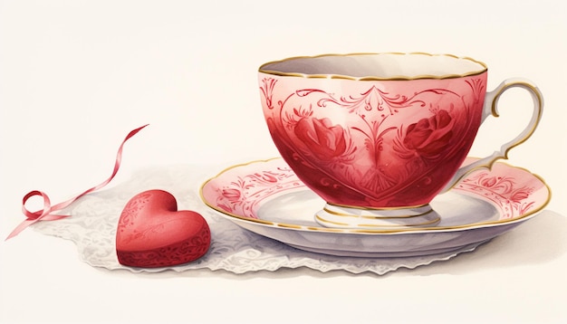 Photo illustrate a teacup as a decorative goblet filled with hearts and a basket brimming with heart shaped tea bags or love themed gifts leave space for a warm valentine39s note