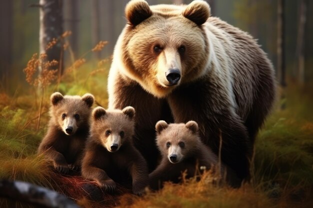 Приведите пример нежности между медвежьей матерью и ее игривыми детенышами.