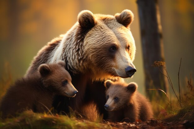 Foto illustra la tenerezza tra una mamma orsa e i suoi cuccioli giocosi