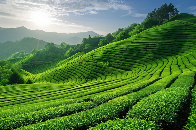 Illustrate the terraced landscape of the tea plant generative ai
