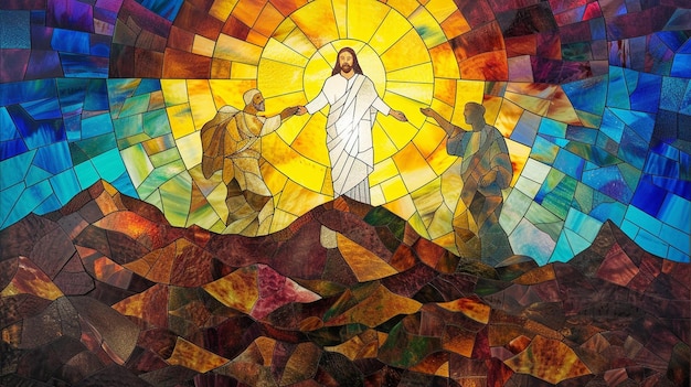 Illustrate the Transfiguration of Jesus on the mountain with Moses and Elijah in stained glass using radiant colors to highlight the divine revelation and the awe of the witnessing disciples