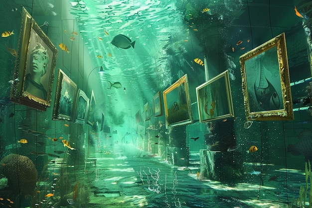 Photo illustrate a underwater art gallery where painting generative ai