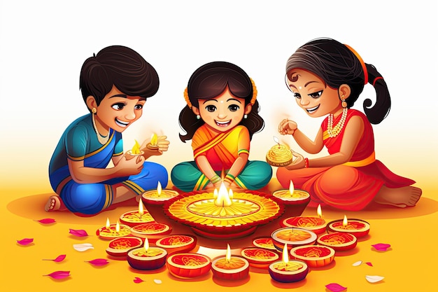 Illustrate the vibrant and joyous Diwali festival in India Brightly lit diyas colorful rangoli designs traditional attireGenerated with AI