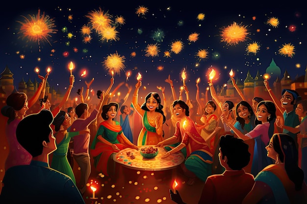 Photo illustrate the vibrant and joyous diwali festival in india brightly lit diyas colorful rangoli designs traditional attiregenerated with ai