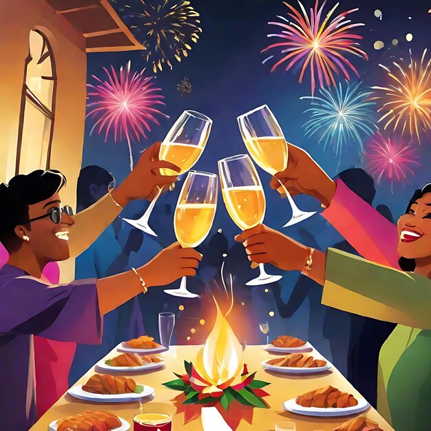 Illustrate a vibrant scene of people toasting with glasses representing the joyous and communal spi