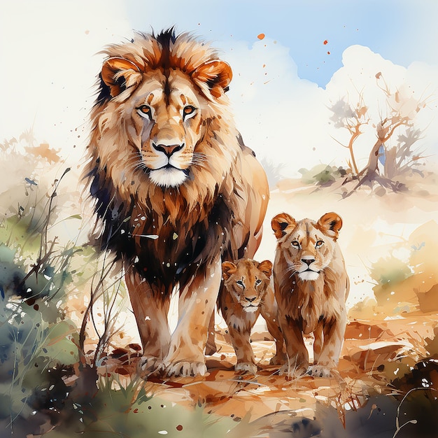 Illustrate a watercolor scene featuring a lion family