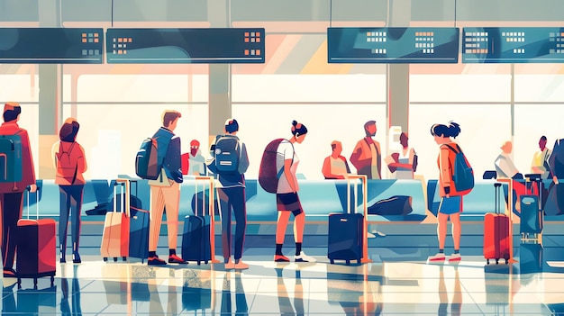 Фото Иллюстрированная сцена в аэропорту с людьми, ожидающими своего багажа