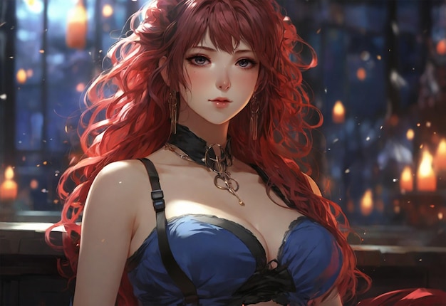 Illustrated in anime Adult Beautiful Woman with red curly hair