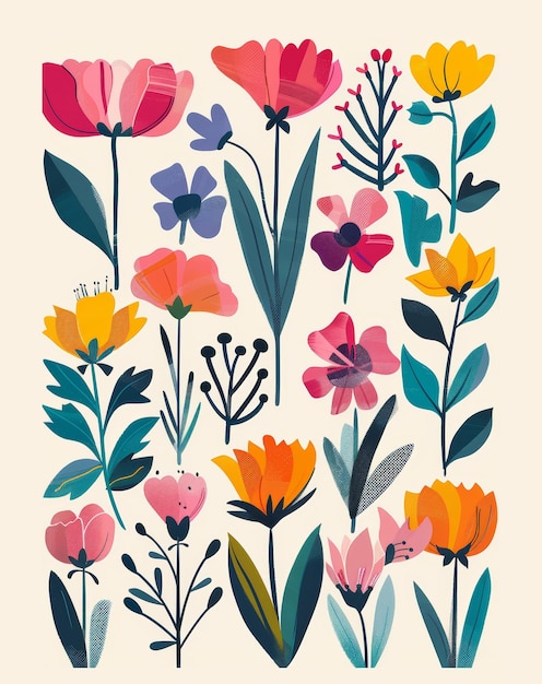 Illustrated Assortment of Flat Design Flowers with Vibrant Tones and Simplistic Botanical Shapes