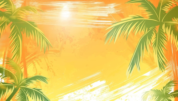 illustrated banner tropical scene with orange and yellow background palm trees and sun rays