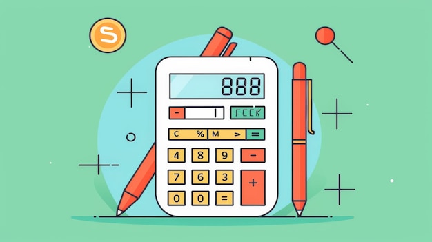 Photo illustrated calculator with red pens and coin symbol
