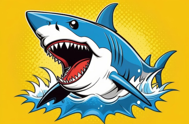 Photo a illustrated cartoon shark with a gaping mouth set against a pop art style yellow background