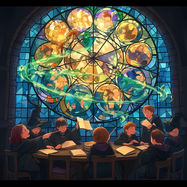 Illustrated Classroom with Stained Glass Window Magical Atmosphere