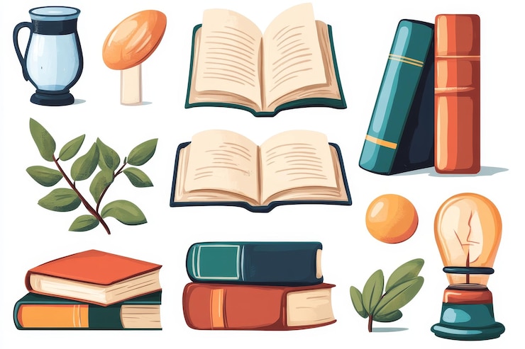 Photo illustrated collection of books nature elements and a lightbulb