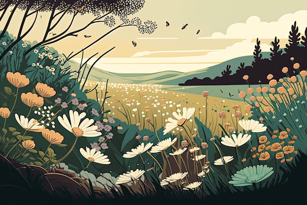 An illustrated depiction of a meadow full of blooming flowers during the spring season Generative AI