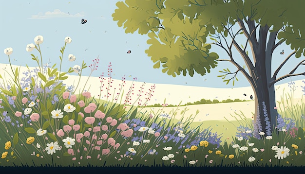 An illustrated depiction of a meadow full of blooming flowers during the spring season Generative AI