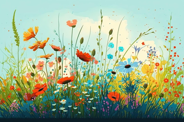 An illustrated depiction of a meadow full of blooming flowers during the spring season Generative AI