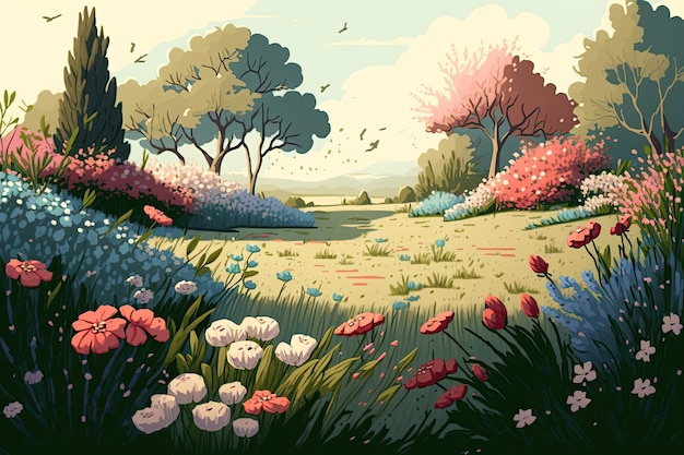 An illustrated depiction of a meadow full of blooming flowers during the spring season Generative AI