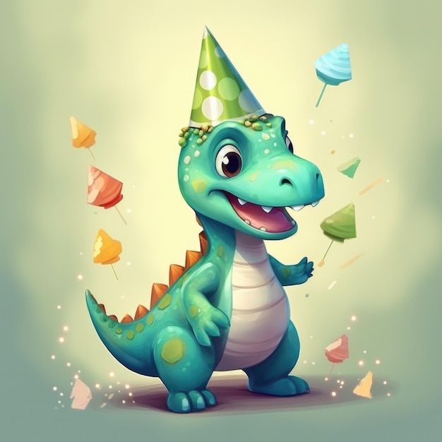 Illustrated dinosaur party concept small cute dinosaur with birthday cap having fun