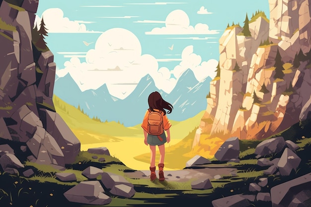 Illustrated Girl Hiking in Flat 2D Style