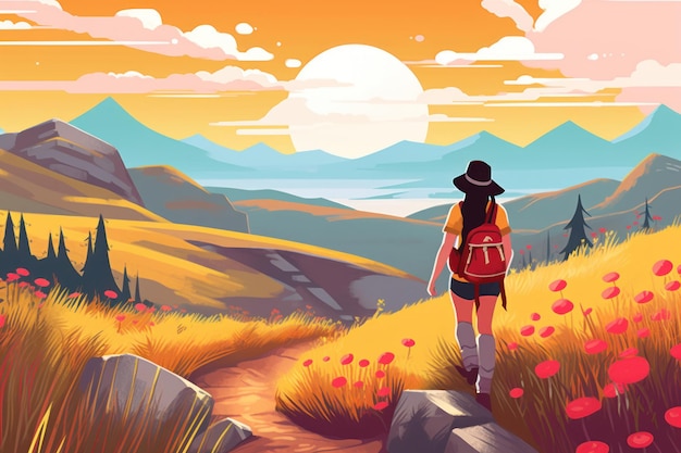 Illustrated Girl Hiking in Flat 2D Style