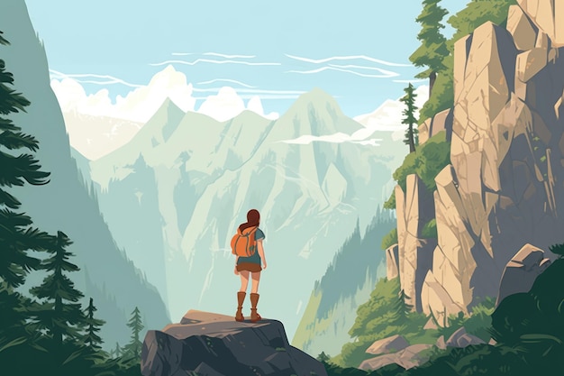 Illustrated Girl Hiking in Flat 2D Style